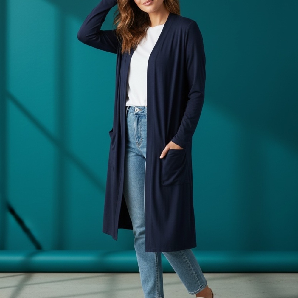 Elegant Navy Open Front Cardigan Women's